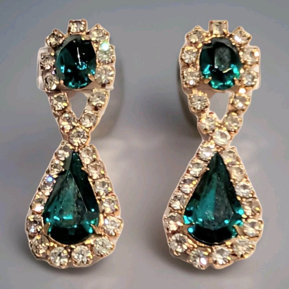 Beautiful Gold-Tone Emerald Green And Cubic Zirconia Drop Earrings